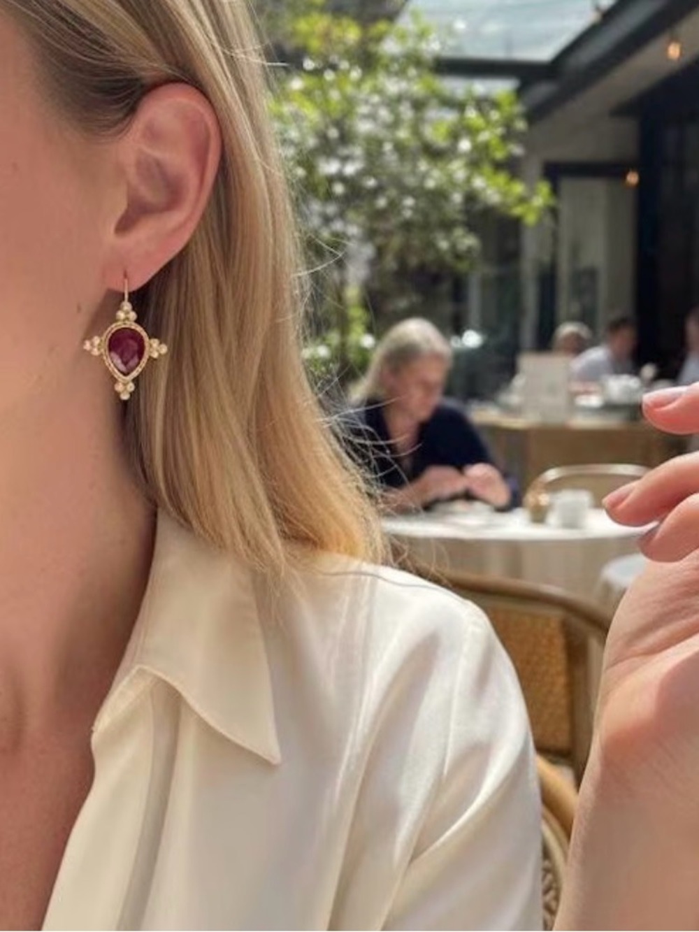 Gold Teardrop Pearl Accent Earrings in Deep Ruby Red - Picture 3 of 7